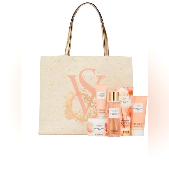 NWT Victoria's Secret 6pc Coconut Milk Rose Mist Tote Scrub Lotion Wash Gift Set